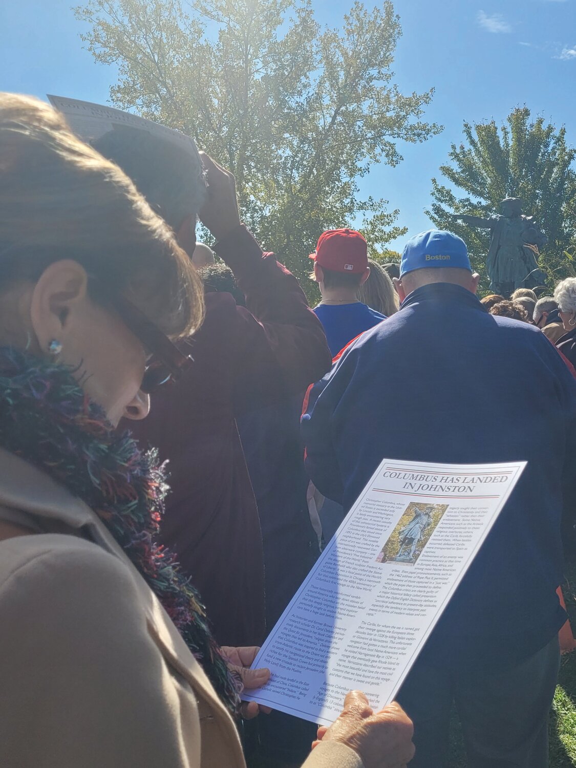 CONTEXT: Dr. Patrick T. Conley, Historian Laureate of Rhode Island, handed out a historical context titled “Columbus has landed in Johnston,” to the crowd before his address. One of the attendees read the handout during the ceremony.